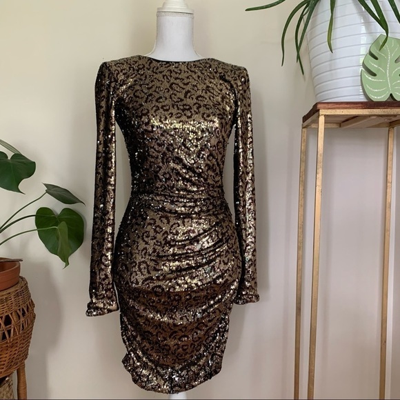 Dress the Population Lolita Leopard Sequin Sheath Dress in Gold & Black sz S - Picture 2 of 6